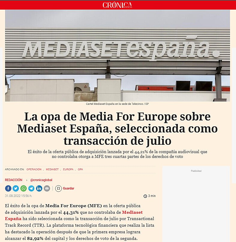 La opa de Media For Europe sobre Mediaset Espaa, seleccionada como transaccin de julio